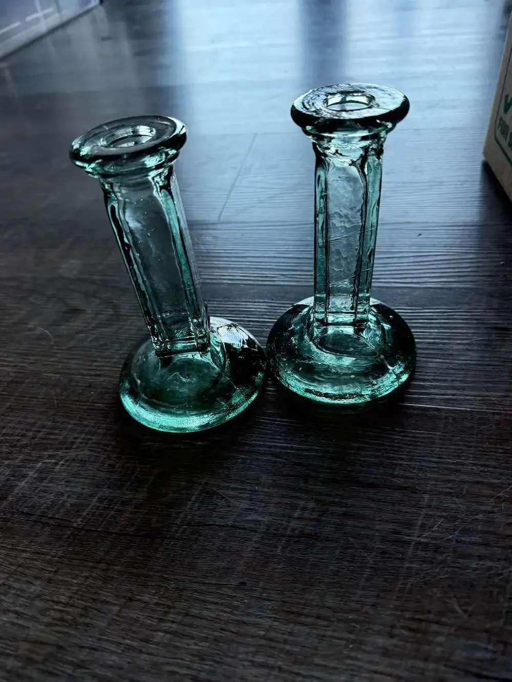 VTG Pair of Recycled Green Glass Candlestick Holders